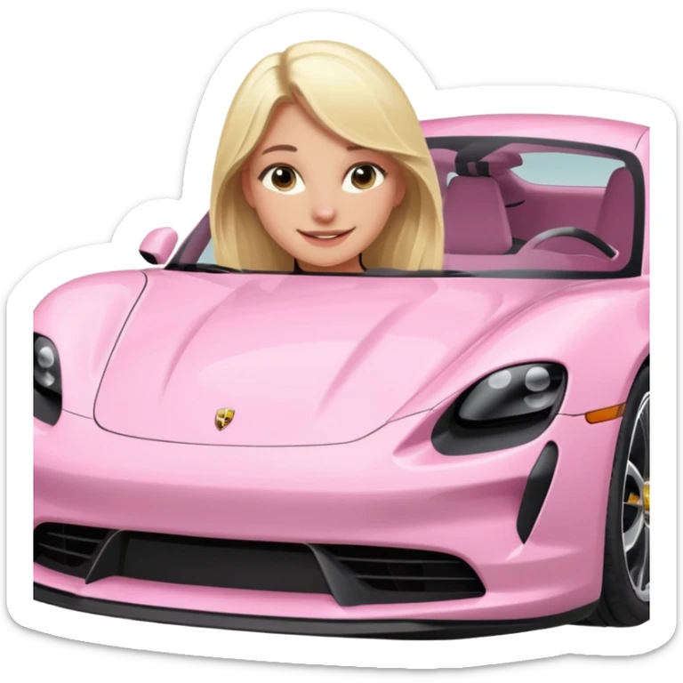Pink porsche taycan with blonde girl in front of it sticker