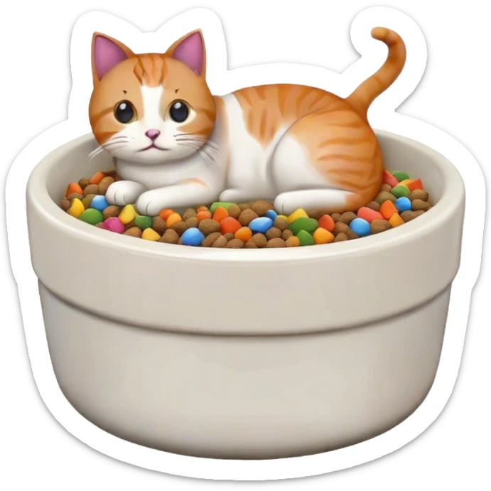 cat pet food bowl with, the food is piled on top of the bowl where it is so full. Make the kibble in the food bowl white with rainbow pieces sticker