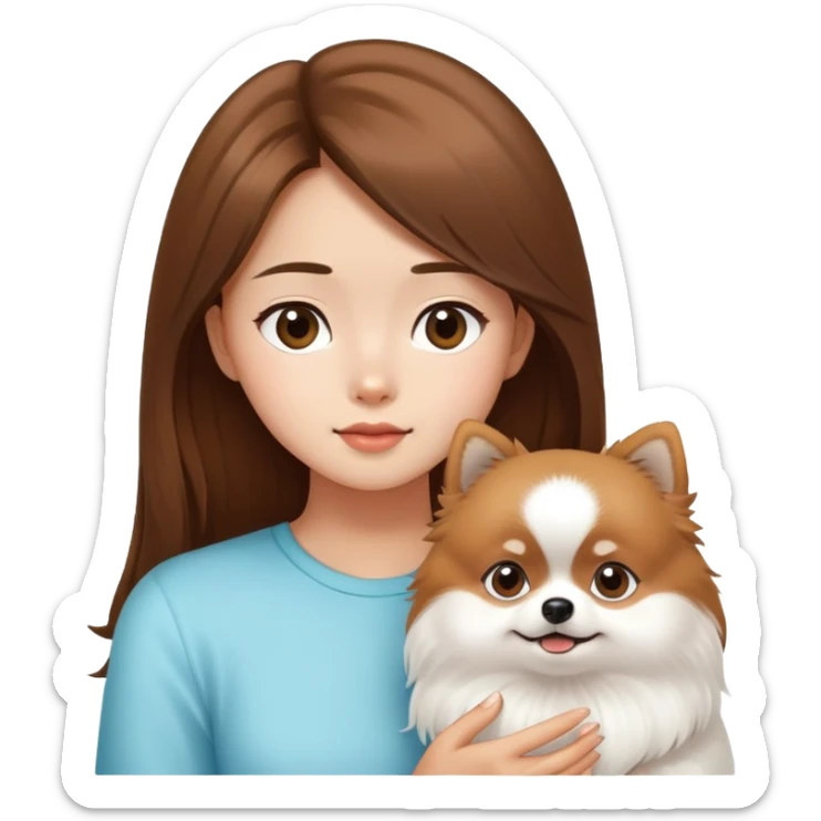 Brown hair asian girl look at one white Pomeranian  sticker
