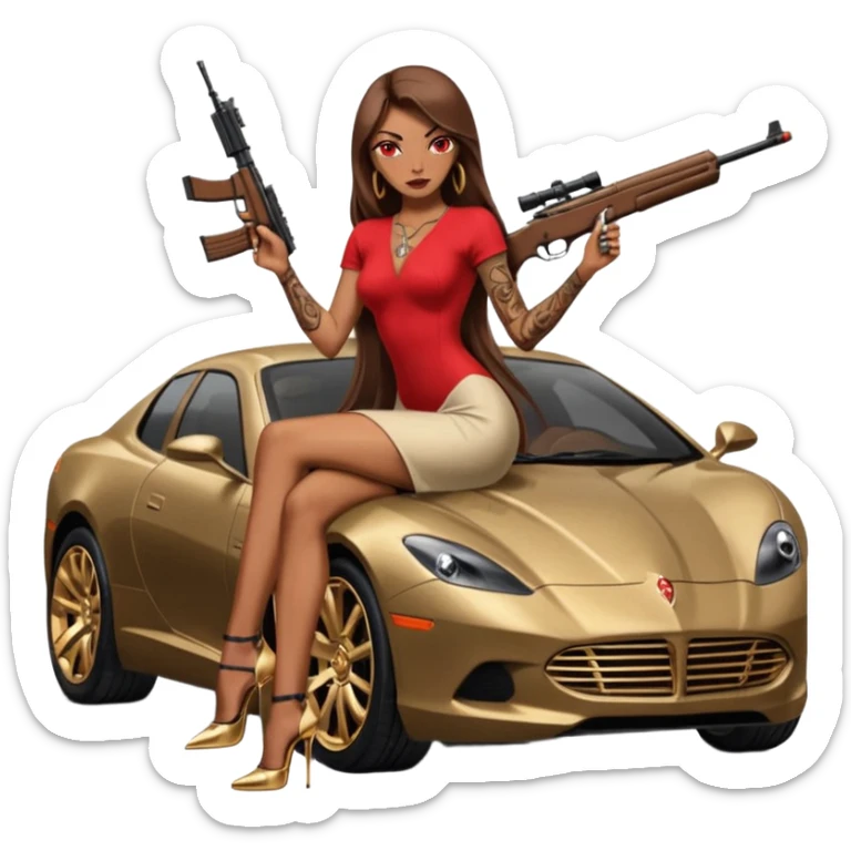 Lilith tan skinfemale red eyes symbol. Tattoo arms. Her hair is brown straight long hair.wearing sexy long  erotic dress with slit. black stiletto platform high heels shoes on. Sitting on gold giant luxury car with cash surrounding her. She is holding a sniper rifle in one hand cash in other hand sticker