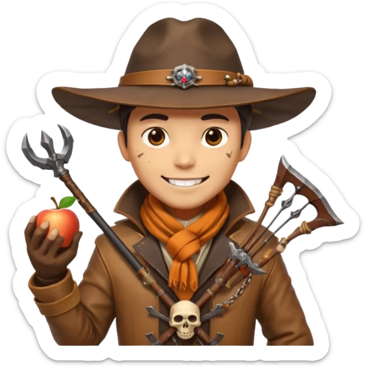 male human monster hunter emoji, wearing brown leather coat and wide hat, holding crossbow, with amulet shaped like skull, Halloween fantasy theme, confident smile, orange scarf, Apple emoji style, clean white background, square image sticker