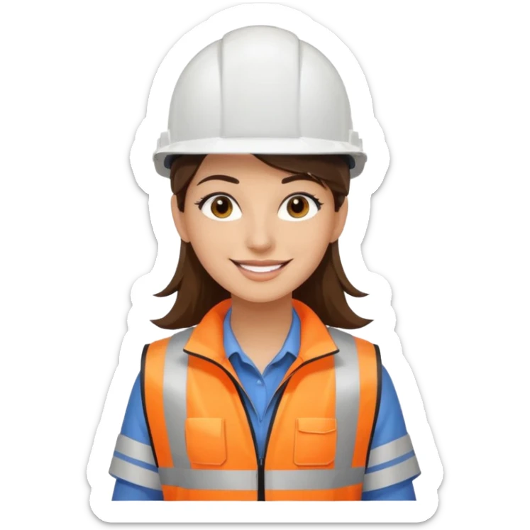 Arquitecta ojos marrones oscuros pestañas piel oliva pelo marron por los hombros sonrie casco blanco con material de dibujo técnico y chaleco reflectante sticker