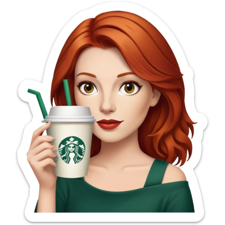 A 30-year-old red-haired woman with shoulder-length hair, heavy makeup, and a Starbucks cup in her hand. sticker