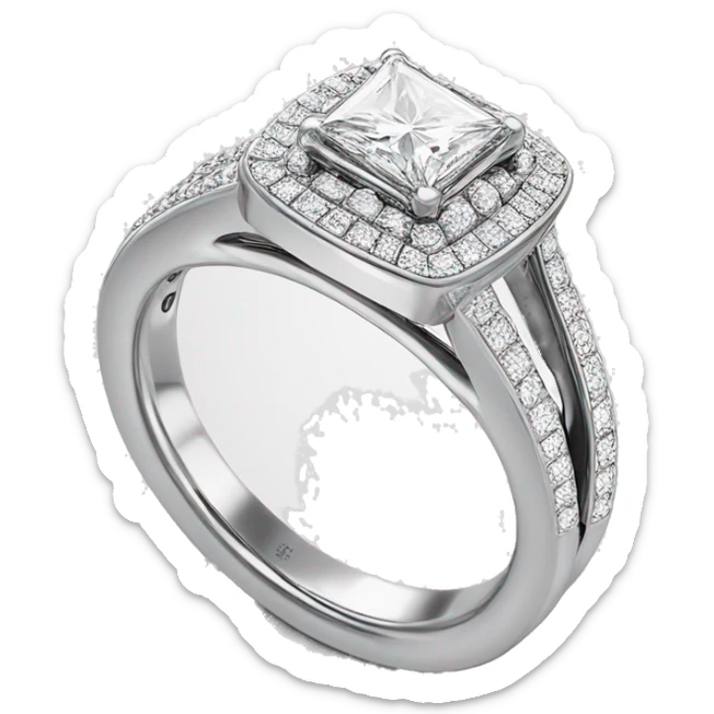 White gold engagement ring princess cut halo with double band and hundreds of diamonds in the band  sticker