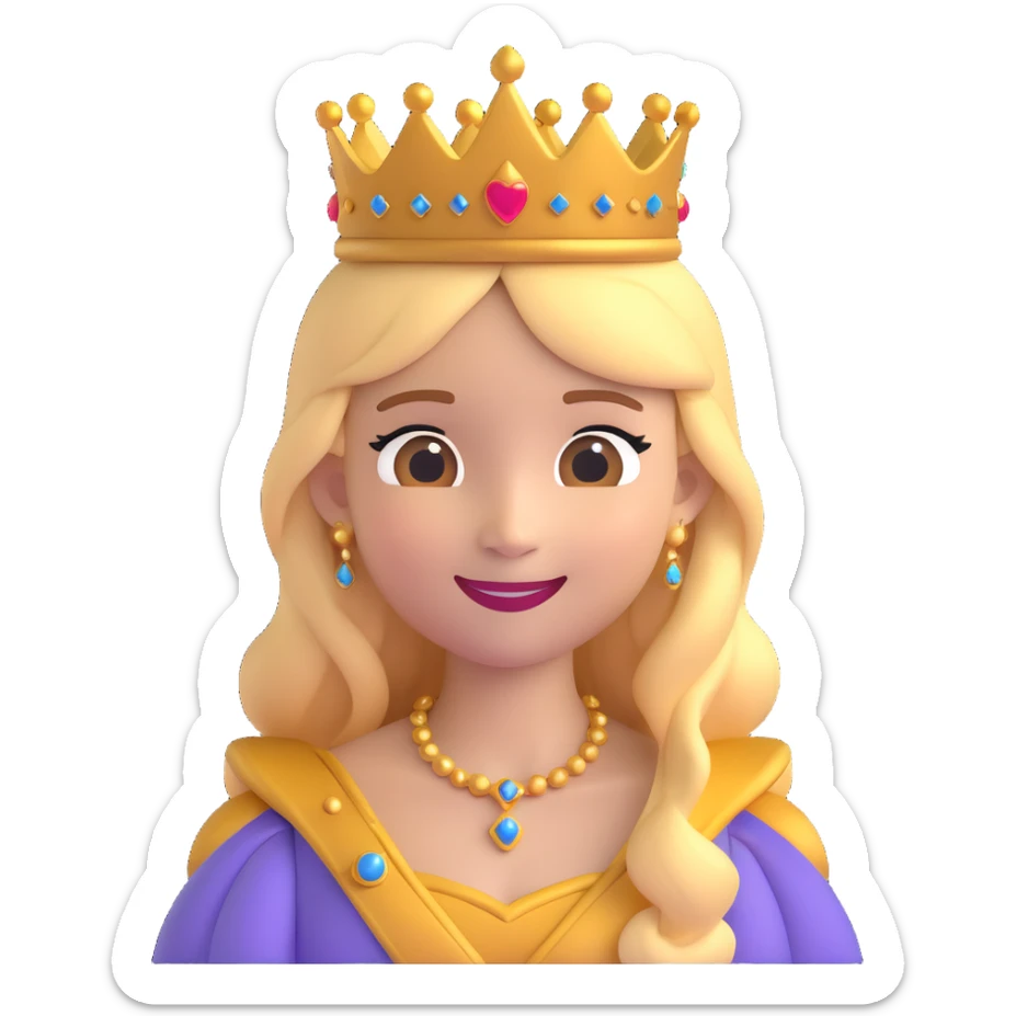 A cartoon-style princess emoji with long hair, wearing a golden crown, smiling softly, and dressed in a royal gown sticker