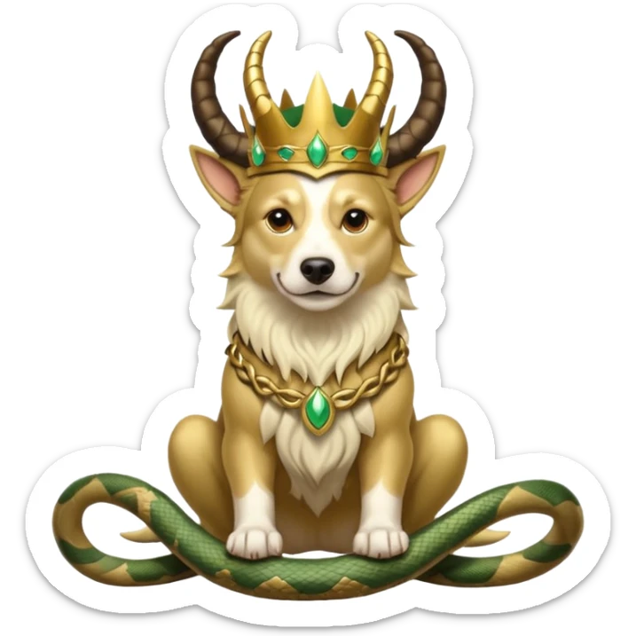 loki god of mischief as a dog. he as snakes. he wears a horned crown as the god himself.  dynamic pose sticker