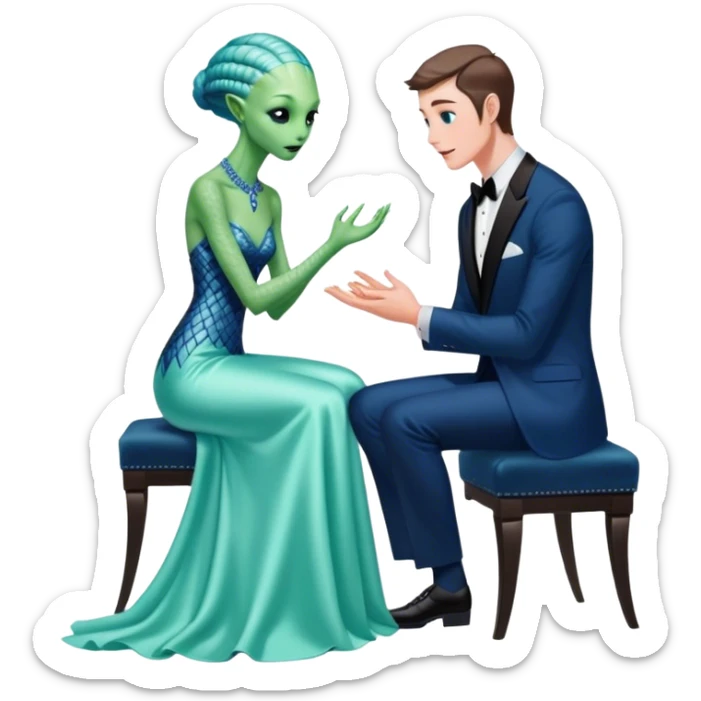 alien reptilian green skin woman, in long slim pastel blue formal party satin dress with gradient shiny sparkling navy blue diamonds embroidered , and caucasian man in black dres on his knees asks her to marry her sticker