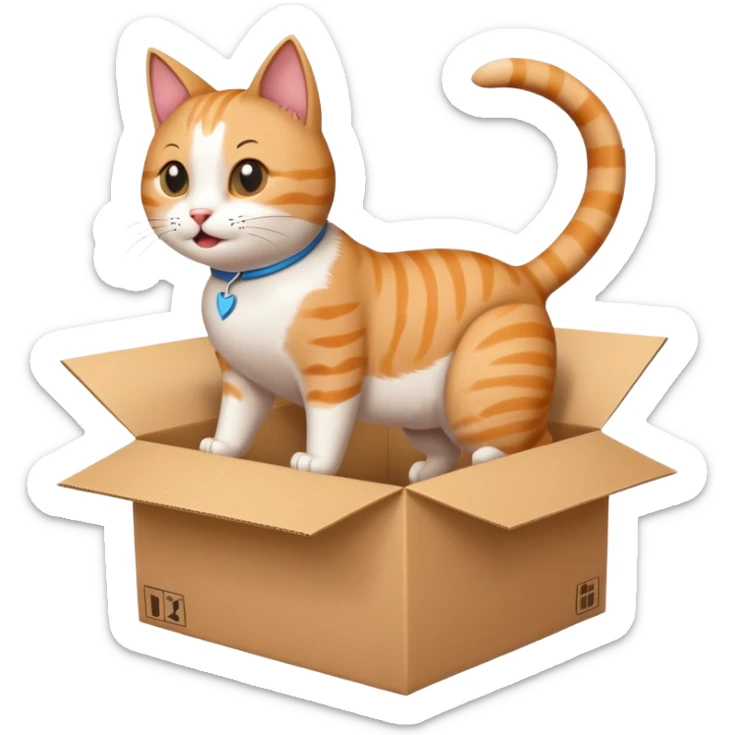 cat jumping out of a box with a white arrow showing the direction of the cat out of the box sticker