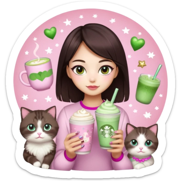 asian girl with shoart dark brown hair with a soft girl pink glowup aesthetic. matcha latte sparkles girly things, 2 ragdoll cats, skincare, makeup, money, luxury sticker