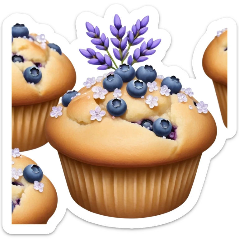 Lavender flower sprigs on a muffin with blueberries and sugar crystals without frosting  sticker