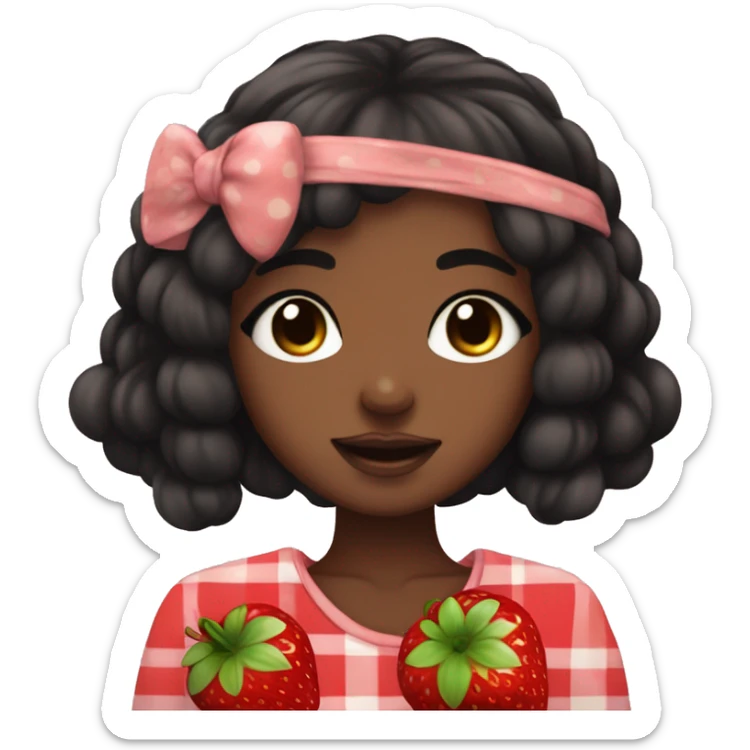 Anime-Style Eyes. African Lady. Kawaii. Cottagecore. Brown Skin. Black hair. Hold a giant strawberry sticker