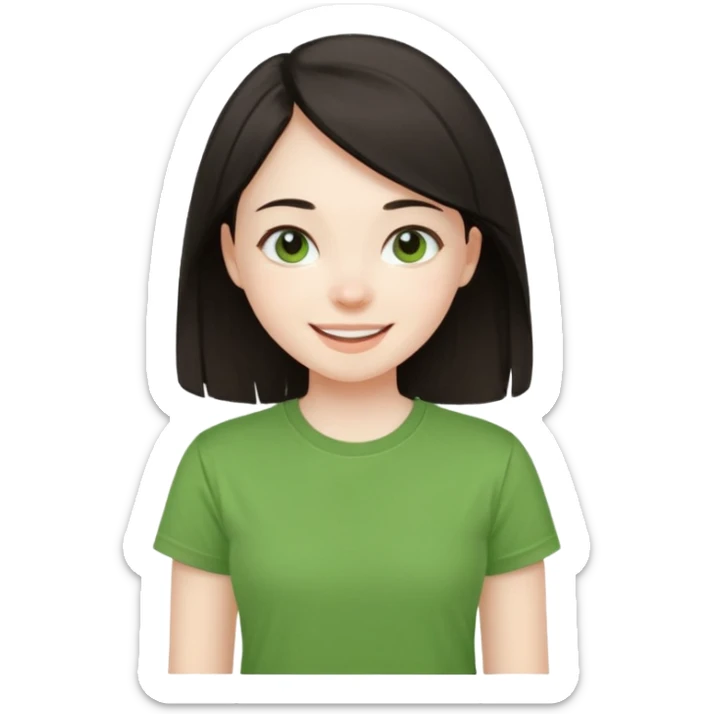 Young girl with straight, dark hair, damaged and unattractive, wearing a green T-shirt, looking happy and cheerful. sticker