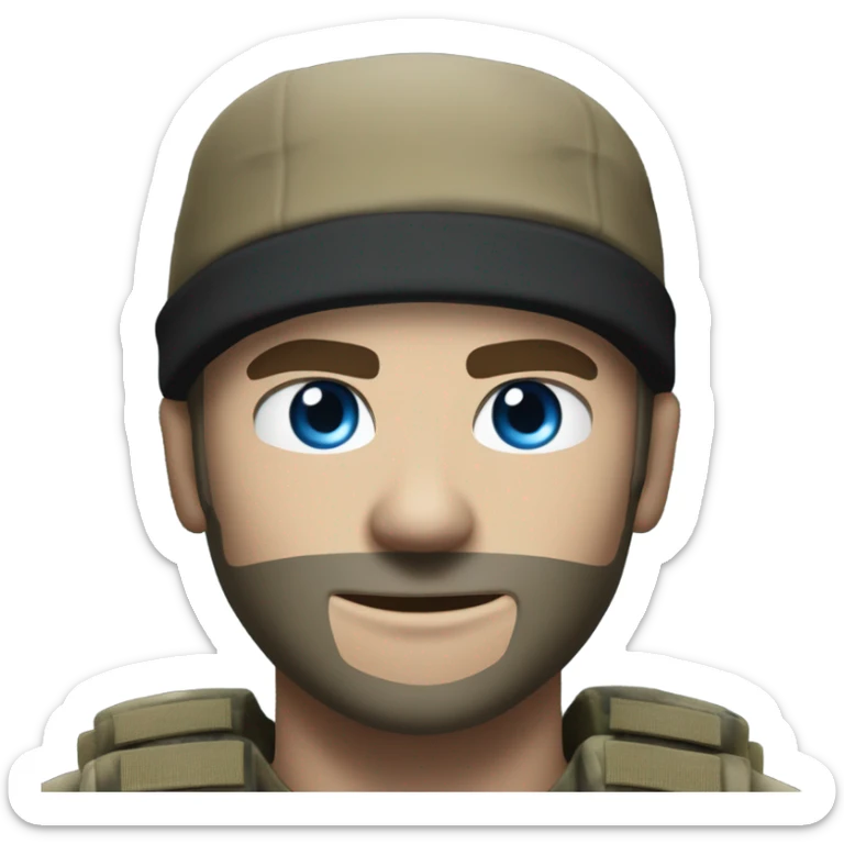White male, call of duty black mask, camo tactical gear, tan combat boots, black beanie, blue eyes sticker