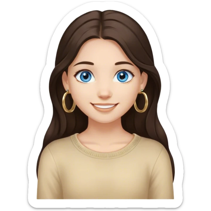 Girl with long dark brown hair and blue eyes with light medium skin and small gold hoops smiling  sticker