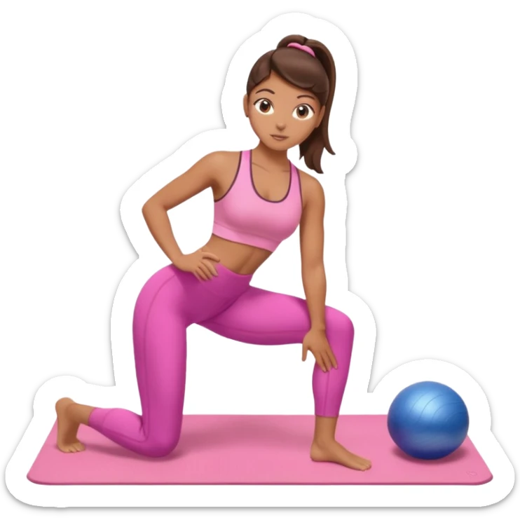 A tanned girl with brunette hair in her 20’s doing Pilates wearing a ALO pink workout set  sticker