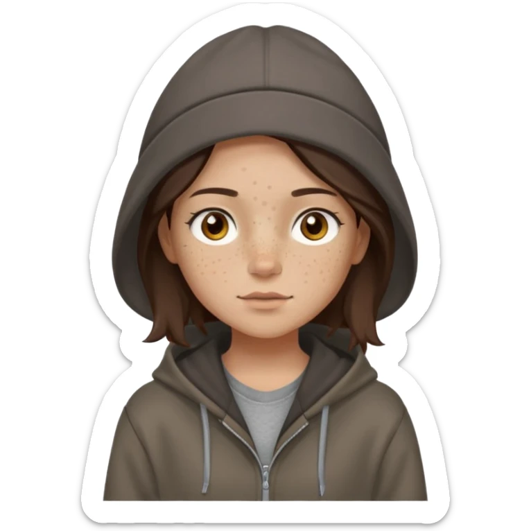 Hobo tomboy with light skin, freckles, shoulder-length center-parted dark brown hair. brown eyes, dark dull brown hoodie, grey shirt. Bolero hat sticker