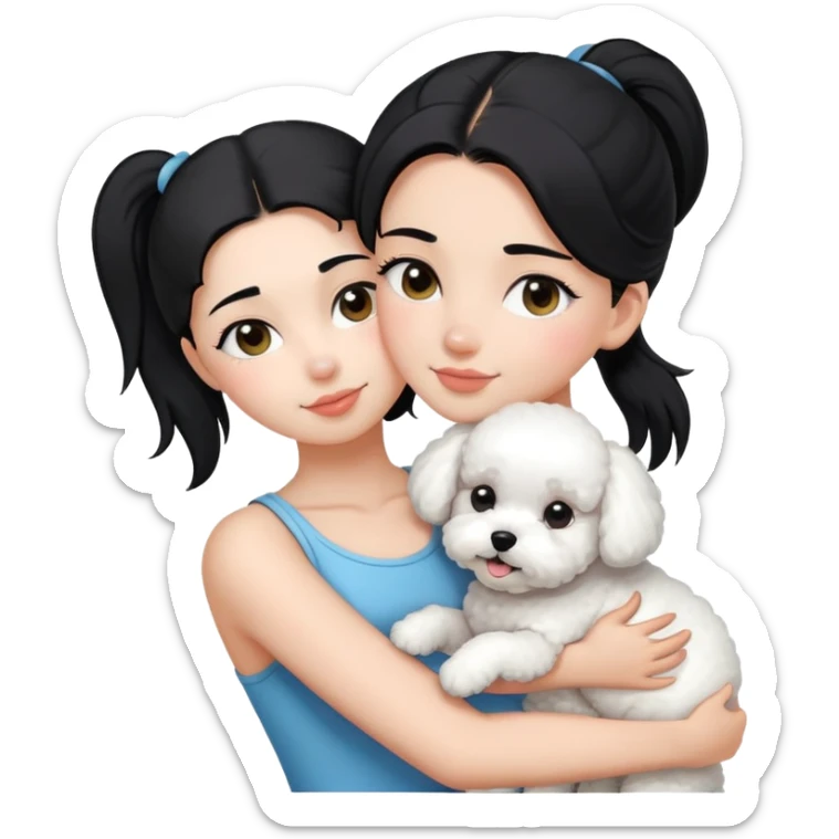One long face girl with straight black hair in a ponytail，hugging one Bichon frise sticker