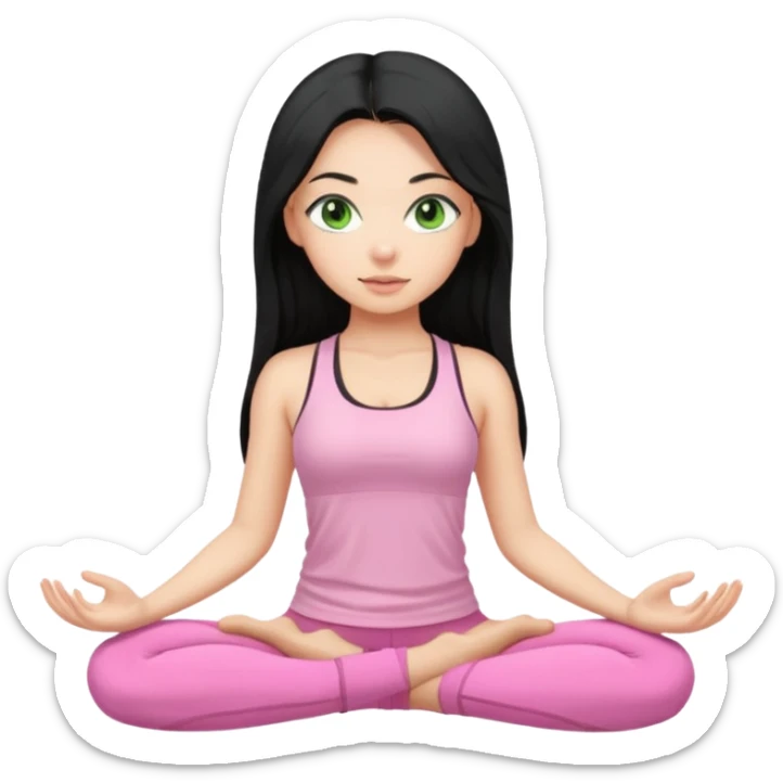 Girl with super long black hair with green eyes doing yoga with light pink clothes sticker