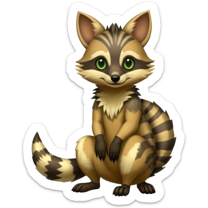 Shiny Green Dusky Dark Gloomy Glossy Aardwolf-Maned-Numbat-Tanuki-Genet-Bobcat-fusion-animal-hybrid-creature, full body sticker