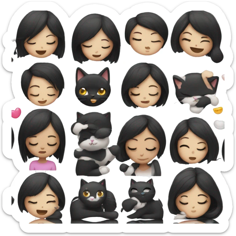 girl with straight black hair cuddling black and white cat with tongue out and closed eyes sticker