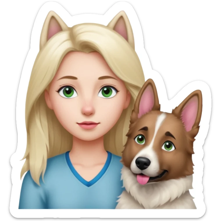 White European young woman with blue-green eyes and long blond hair with her white German Shepherd dog,the Dog hast a pink nose and short fur  and Brown eyes sticker