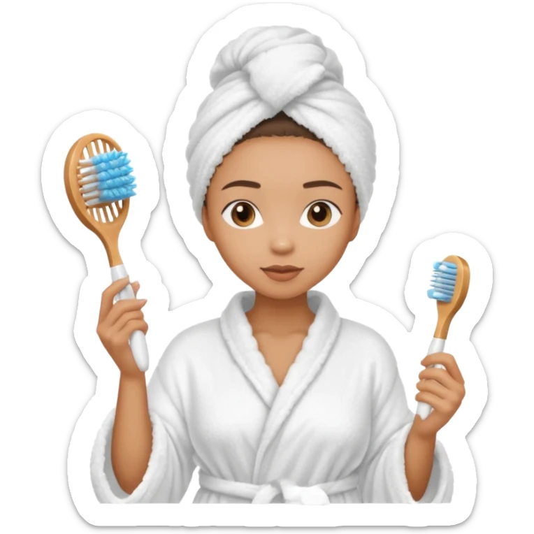 lightskin Women wearing shower robe and their hair with towel holding one brush sticker