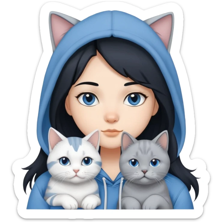 Girl with black hair in gray hoodie with a British shorthair blue and white cat and a long-haired blue and white cat sticker