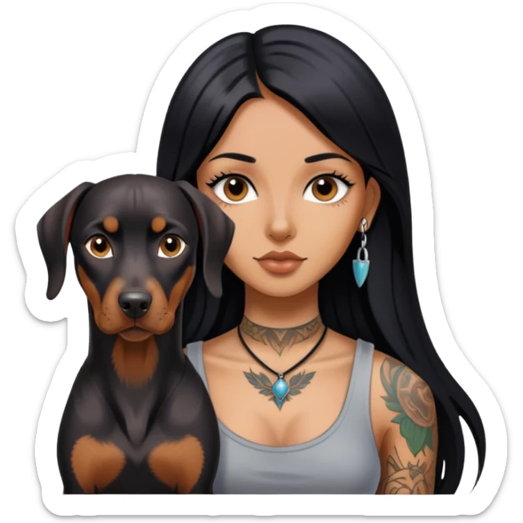 girl with long black  straight hair and tattoos and Doberman Pinscher sticker