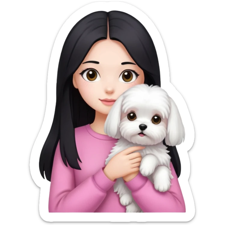 Beautiful girl with long straight black hair, fair skin, wearing pink clothes, holding a pure white fluffy Maltese dog sticker