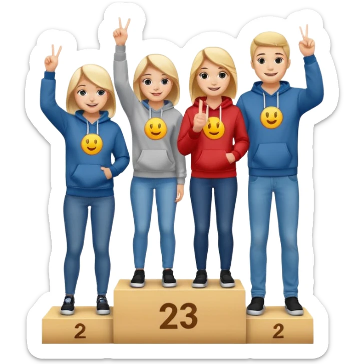 three people in jeans and hoodies on a winners podium labeled 2, 1, 3 left to right, center person on 1 step holding up one finger on each hand, bright cheerful expressive emoji illustration sticker