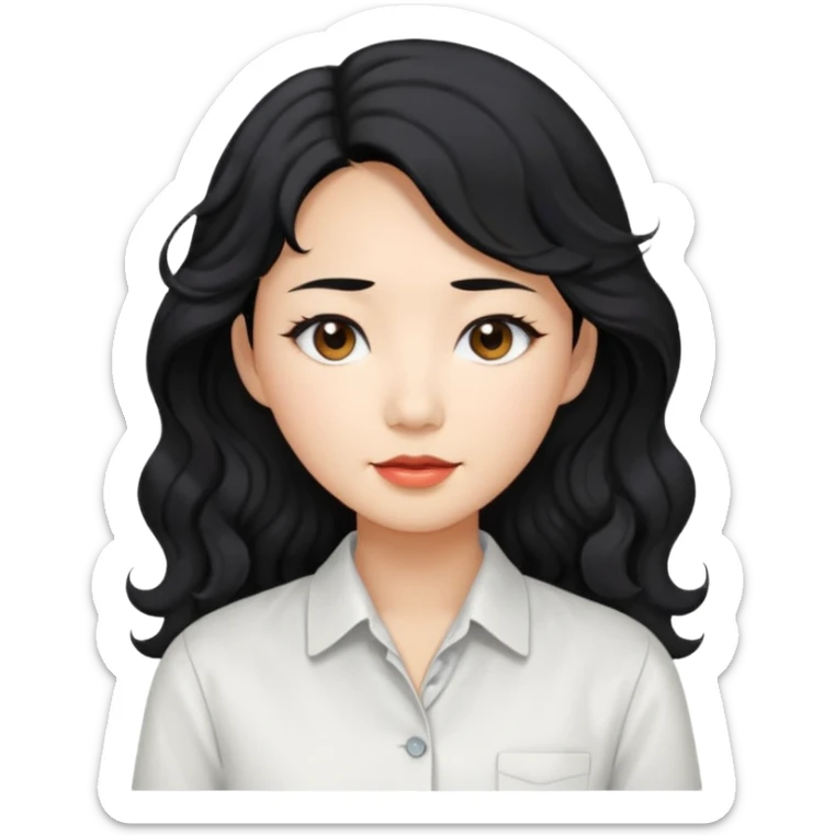 Asian woman, black hair, long permed wavy hair, white button-up shirt, flat colors, transparent background. sticker