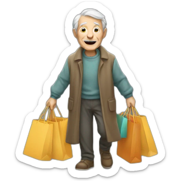 Old man with a walking stick and a lot of shopping bags sticker
