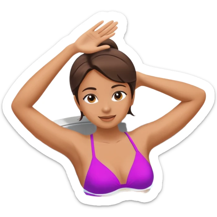 Woman relaxing in hot tub with one arm up and one arm on edge sticker