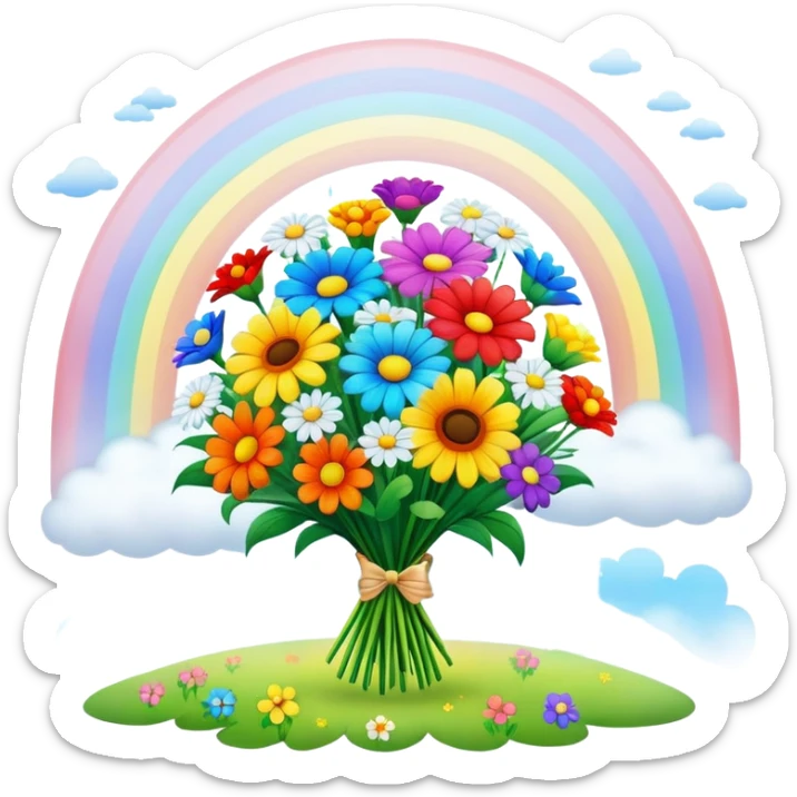 bouquet of flowers surrounded by light and mist in a field of rainbows sticker