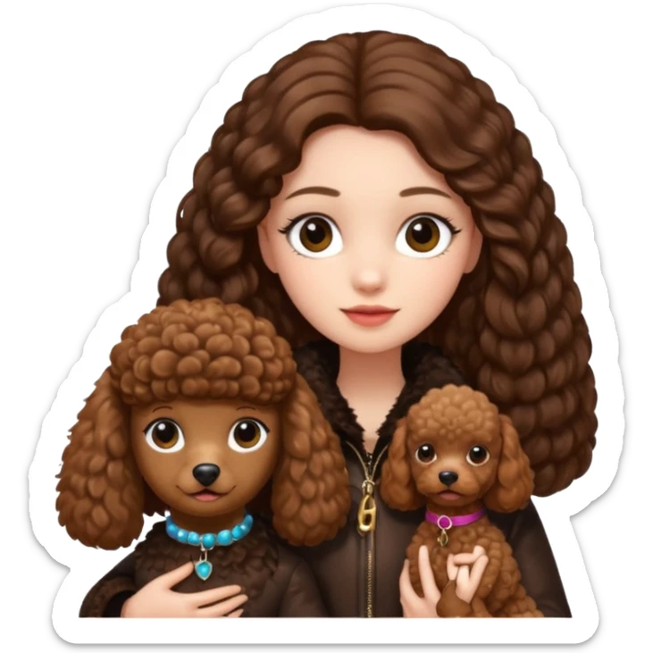 A girl who has long brown hair and wears a fur jacket holds a brown poodle sticker