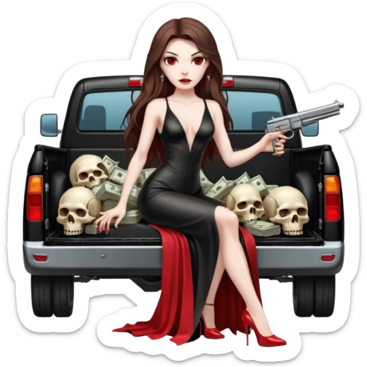 Lilith symbol red eye seductress evil long brown haired sexy succubus woman with leather long dress with slit on, sitting in Big Large F350 pickup truck. Platform long high heels on feet. Back seat full of stacks of cash, she is  Holding a man dead human skull of her enemies and a gun in other hand sticker