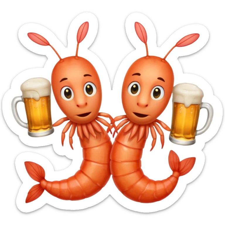 Design a trendy emoji-style illustration of two shrimp peeking from behind text, only half of their bodies visible, curious and playful expressions.
One shrimp holding a beer mug, the other pointing forward.
 sticker