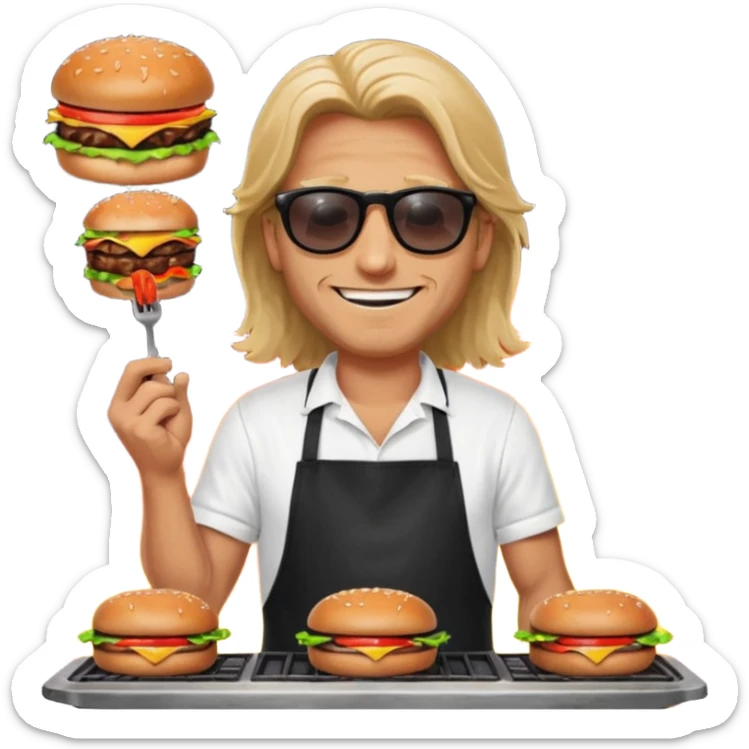 long hair man grilling wearing shade smiling in a white tshirt and a black apron grilling burger and meat on a sizzling grill sticker