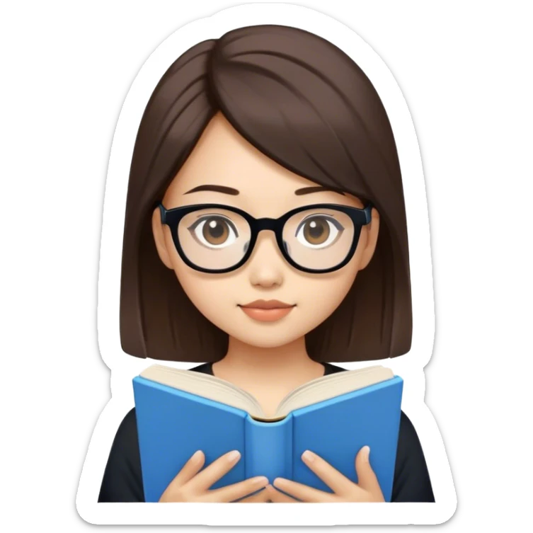 pretty asian girl reading a blue book black top white glasses brown hair sticker