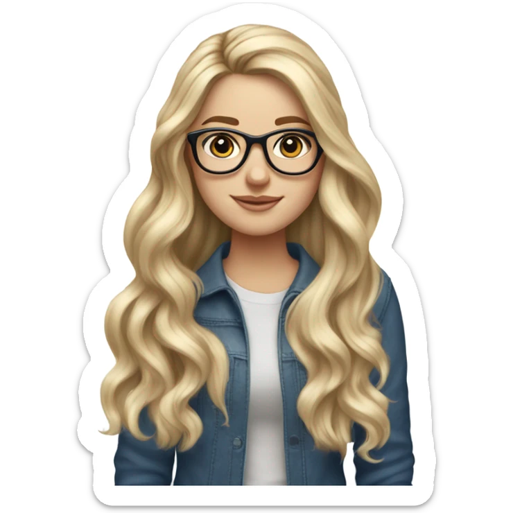 White girl blue eyes and glasses with long voluminous blonde hair with highlights balayage holding a laptop 
 sticker