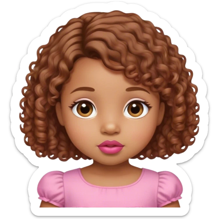 light brown skin tone, very adorable toddler, with big plump lips, long long lashes, brown curly bob, brown eyes, pink dress sticker
