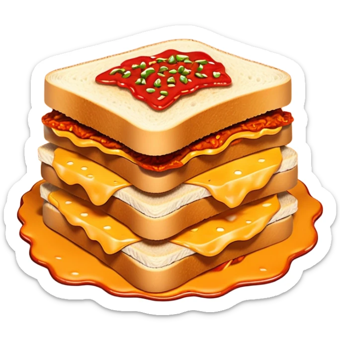 extra spicy sucuk sandwich object icon, crispy toasted bread, lots of spicy sucuk slices, dripping melted cheese, hot chili sauce, red pepper flakes, spicy steam effect, 3D cartoon, mobile game icon style, clean background, no text, no watermark
 sticker