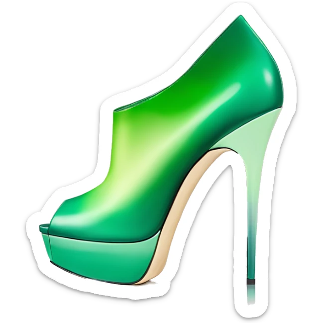 Realistic isolated top front view of a pair of emerald green to mint green ombre Jimmy Choo peep toe stiletto ankle booties. sticker