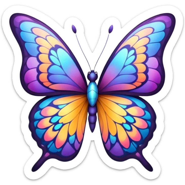 Cinematic Elegant Butterfly Portrait Emoji, Poised and ethereal, with delicate, intricately patterned wings in a kaleidoscope of soft, vibrant colors, a slender, graceful body, and gentle, observant eyes, Simplified yet exquisitely delicate features, highly detailed, glowing with a soft, radiant luminescence, high shine, intelligent and enchanting, stylized with an air of whimsical floral elegance, focused and poised, soft glowing outline, capturing the essence of a watchful butterfly that appears ready to flutter out of the screen with magical grace! sticker