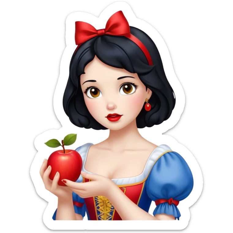 Cinematic Realistic Snow White Portrait, depicted with lifelike skin texture, soft natural lighting, and intricately detailed black hair styled with a red ribbon. Her soft brown eyes radiate innocence and kindness, complemented by a warm, gentle smile. She holds an apple in one hand, her other hand resting against her cheek, embodying her purity and charm. She is dressed in her classic yellow, blue, and red gown, the fabric rich in texture with delicate folds that catch the light beautifully. The portrait features a soft, natural glow with a radiant finish, capturing the essence of timeless beauty in a realistic and painterly style. sticker