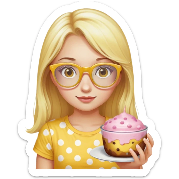 a girl with long lashes, long blonde hair, light pink glasses, wearing yellow polka dot t-shirt, holding a pudding sticker
