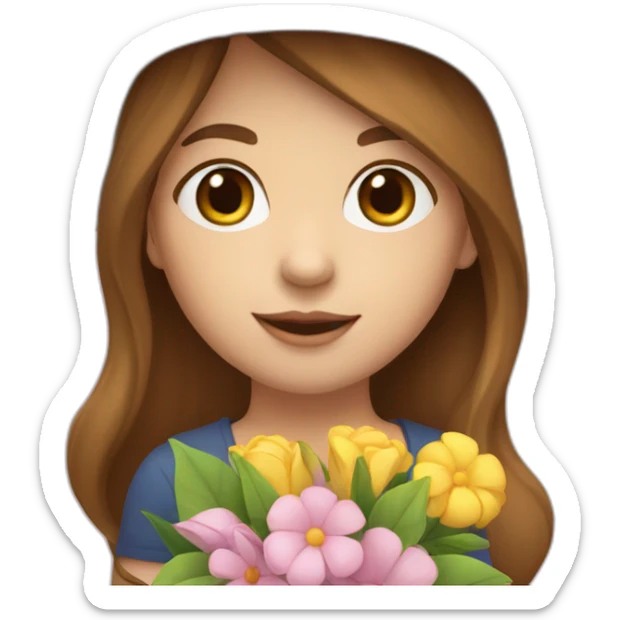 white skin, Girl with a hat, brown hair straight to the shoulders, holding a bouquet of flowers sticker