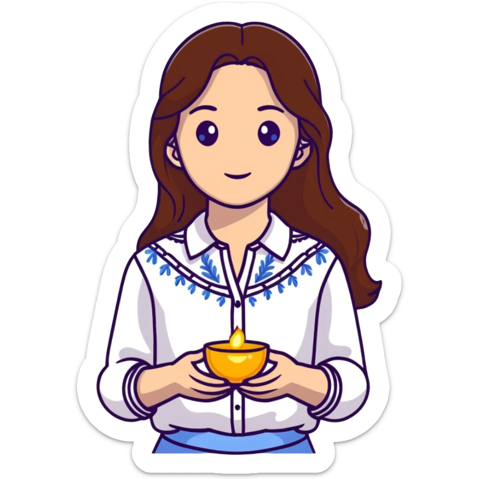 Ukrainian young girl with long brown hair in a white traditional embroidered shirt, cupping a small glowing blue light in her hands representing her soul sticker