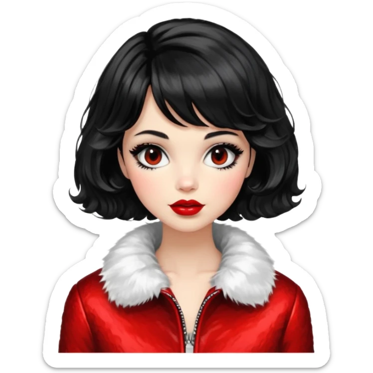 Alluring 1960's mod French girl french shiny black wavy textured bob haircut tousled hair red lips wearing furry jacket sticker