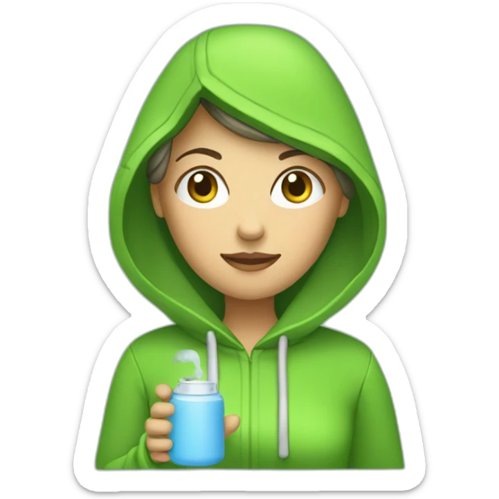 Woman with round head and green hoodie and hot water bottle in her hand  sticker